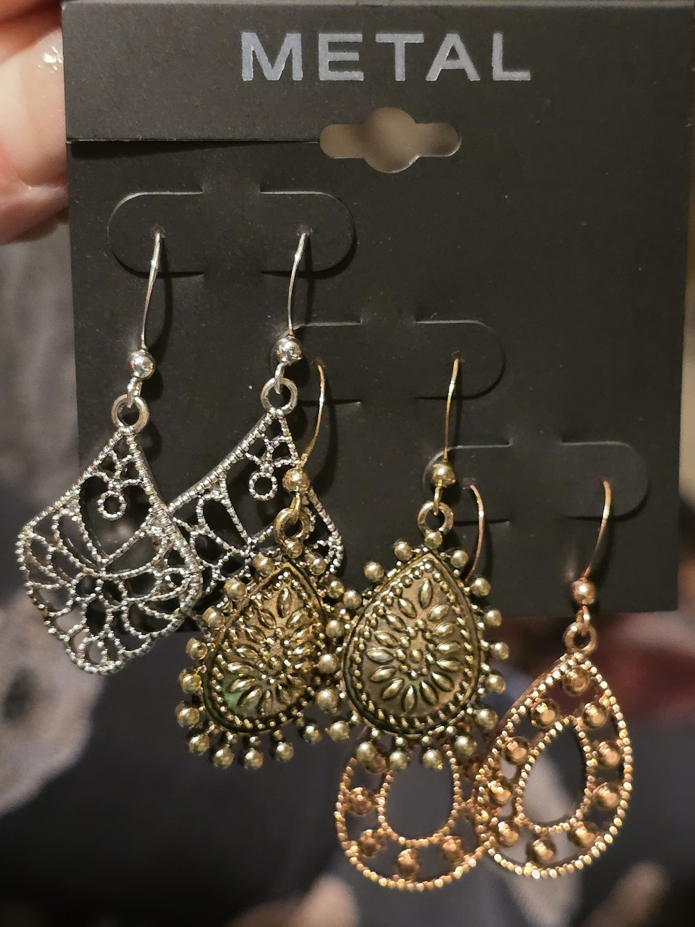 Lane Bryant Metal Filigree Earring Trio in Silver, Gold, Rose Gold